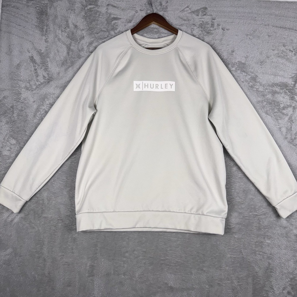Hurley Sweatshirt Mens Large Cream Beige Crewneck Fleece Retro Surfer‎ Pullover